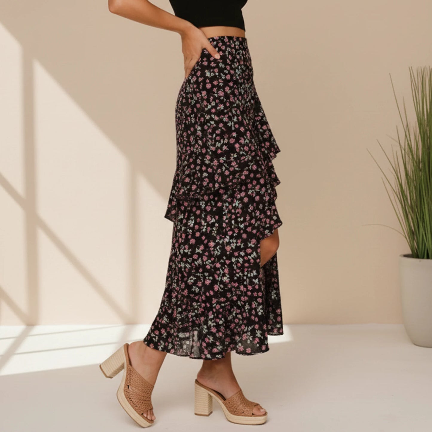 SOMER Women Summer Skirts Boho Long Skirts Dress Floral Print Elastic Waist Split Ruffle High Low Beach Maxi Skirt Fall 2026 Black Print XL