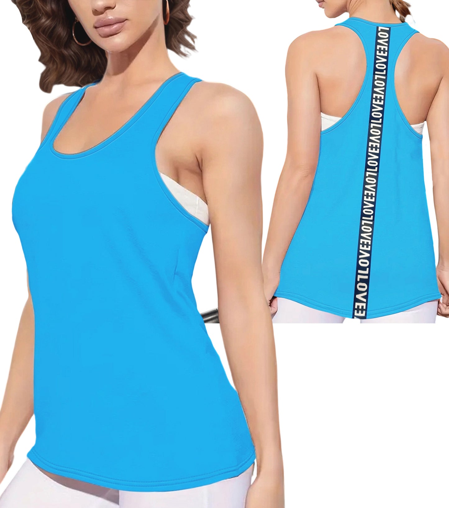 SOMER Women's Racerback Workout Tank Top Quick Dry Sleeveless Yoga Gym Shirt with Stylish "LOVE" Strap, Curved Hem, Lightweight Athletic Tee for Spring Summer, Blue