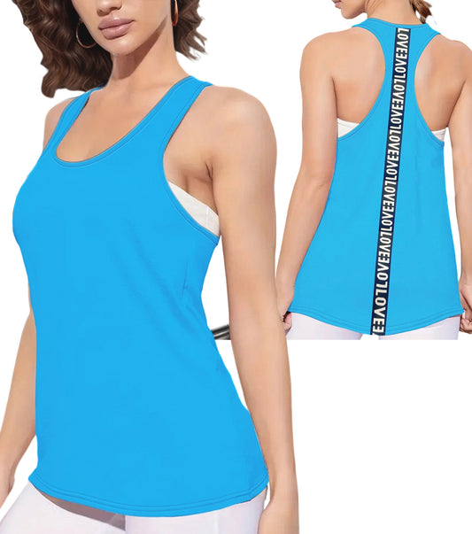 SOMER Women's Racerback Workout Tank Top Quick Dry Sleeveless Yoga Gym Shirt with Stylish "LOVE" Strap, Curved Hem, Lightweight Athletic Tee for Spring Summer, Blue