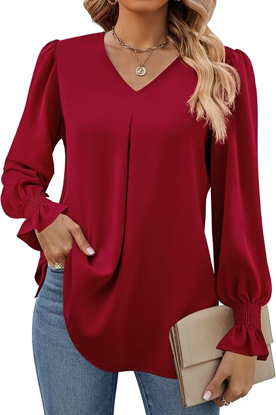 SOMER Shirts Long Sleeve Shirts for Women Tops Dressy Casual V Neck Tunic Shirts Loose Chiffon Work Blouse.