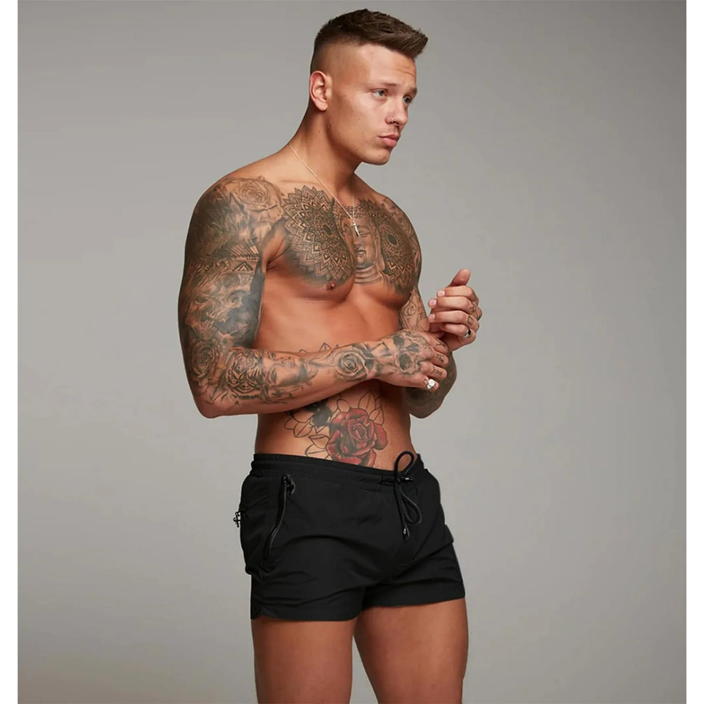 Mens Swim Trunks Quick Dry Swimwear Zipper Pockets, Swim Shorts with Mesh Lining, Black