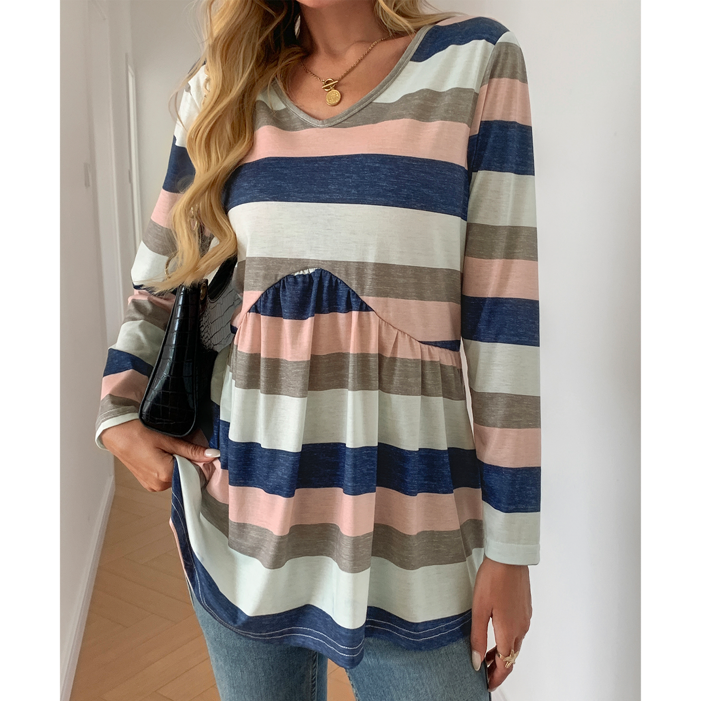 SOMER Women Stripe Tshirts Flowy Long Sleeve V Neck Tunic Top Trendy A-Line Blouses for Going out