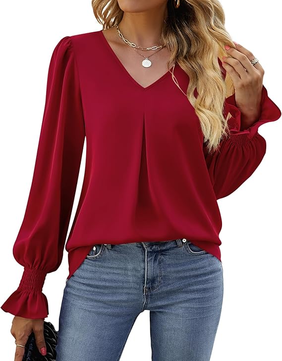 SOMER Shirts Long Sleeve Shirts for Women Tops Dressy Casual V Neck Tunic Shirts Loose Chiffon Work Blouse.