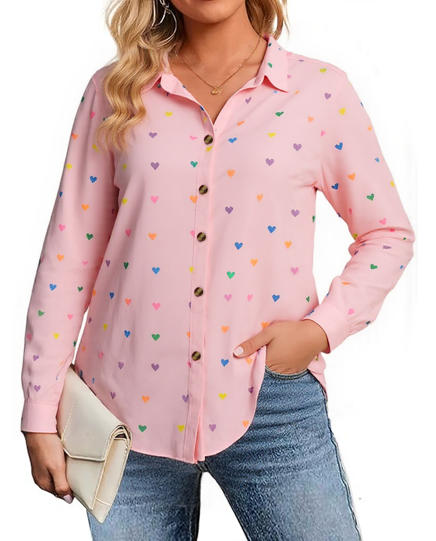 SOMER Plus Size Button Down Shirts for Women Blouses Short Sleeve V Neck Cute Heart Print Shirts Casual Summer Vacation Tops Loose Fit