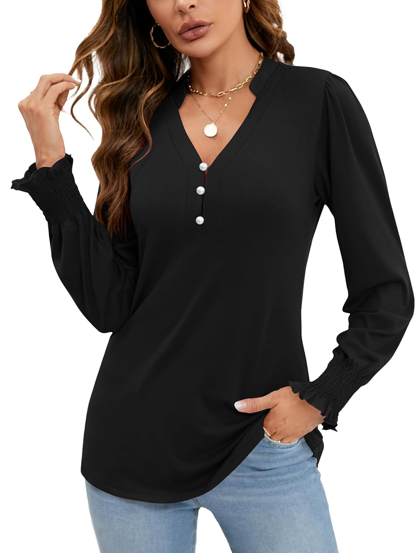 SOMER Women's V Neck Long Sleeve Shirt Blouse Dressy Tops Tunic Shirts with Ruffle Cuffs Puff Sleeve Fall Business Casual Fashion Clothes 2025