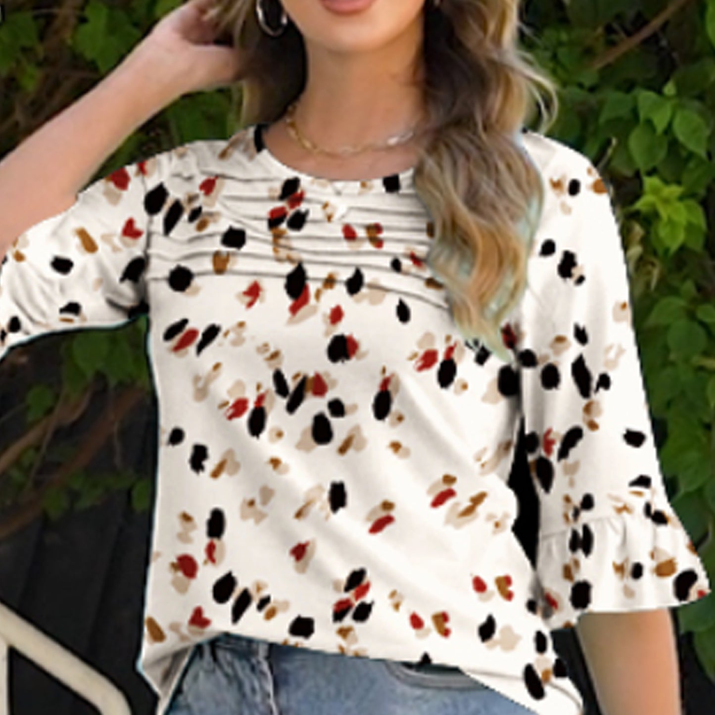 SOMER Women Blouses Casual Floral Print Pleated Crew Neck Tunic Tops with 3/4 Sleeves,2025