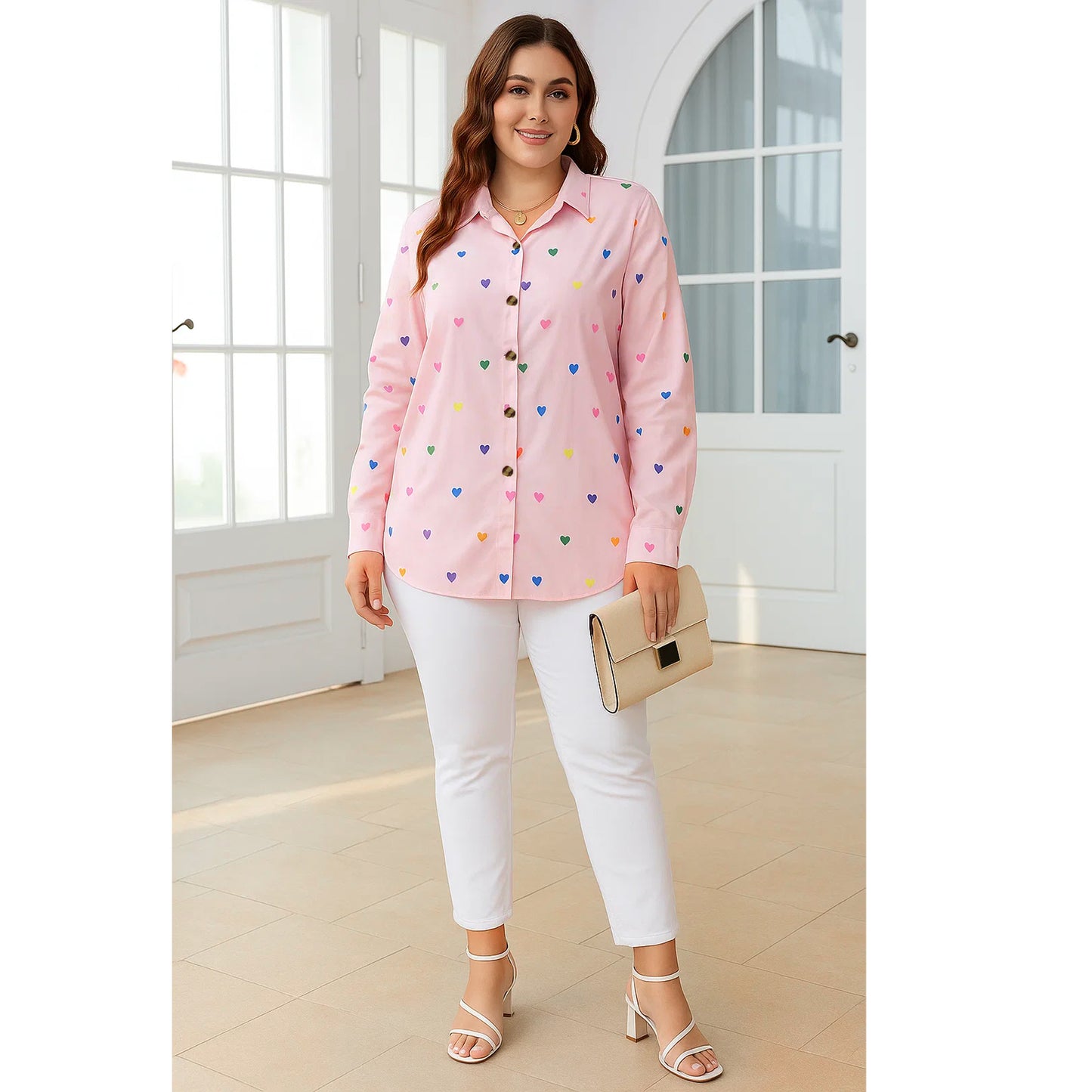 SOMER Plus Size Button Down Shirts for Women Blouses Short Sleeve V Neck Cute Heart Print Shirts Casual Summer Vacation Tops Loose Fit