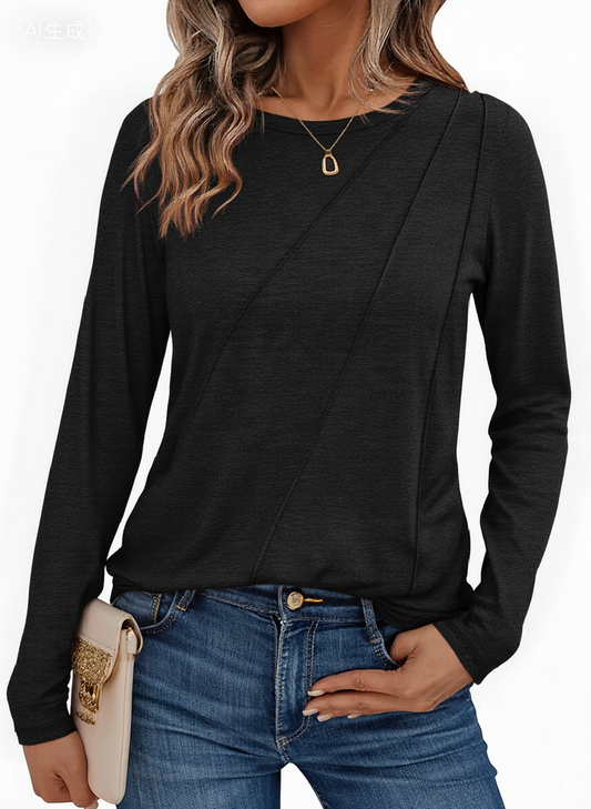 SOMER Womens Long Sleeve Crew Neck Top, Casual Solid Color Shirt with Stylish Diagonal Detail
