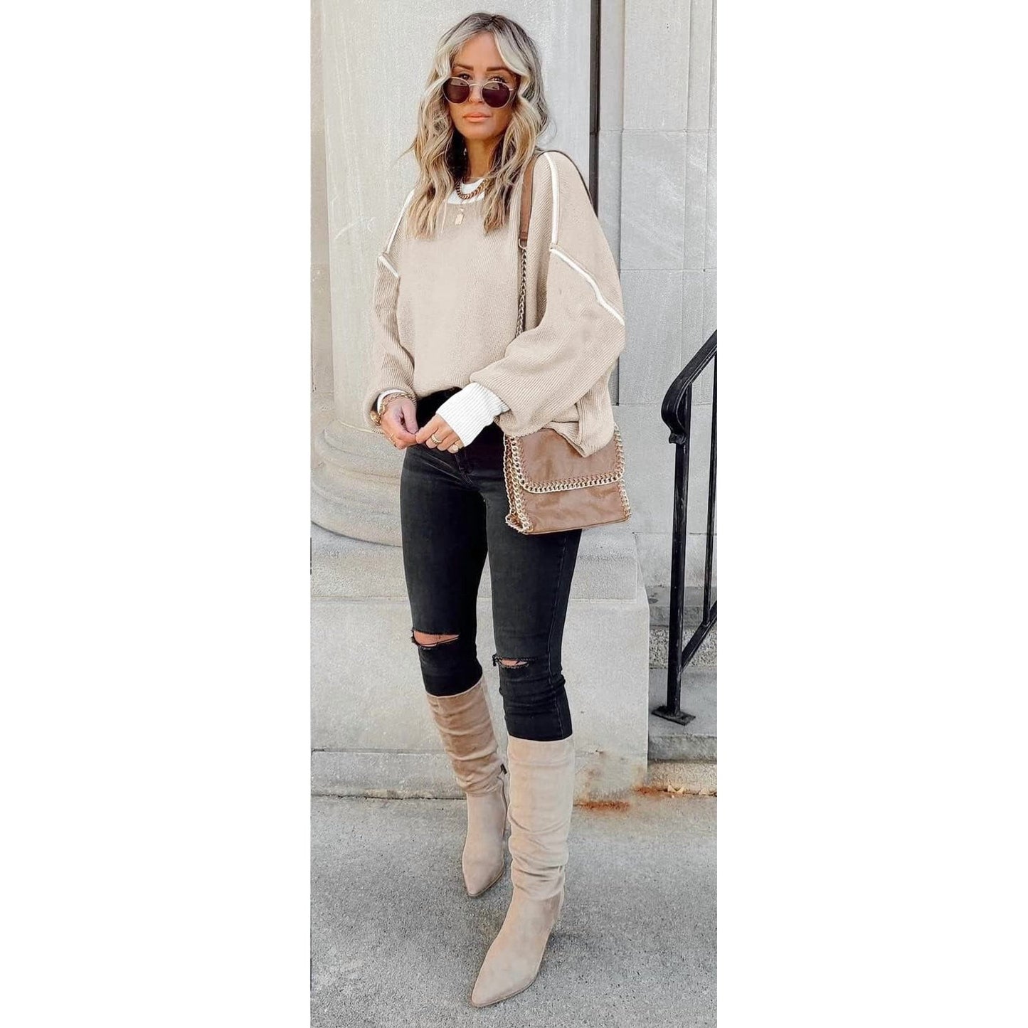 SOMER Womens Oversized Sweaters Fall Fashion Clothes Trendy Batwing Sleeve Colorblock Striped Knit Pullover Tops