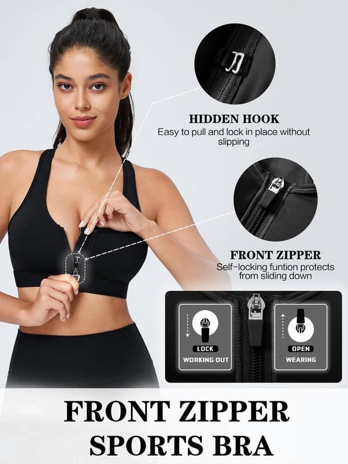 SOMER Women's Sports Bras Zip Front High Support Wireless Padded Strappy Athletic Yoga Workout Bra