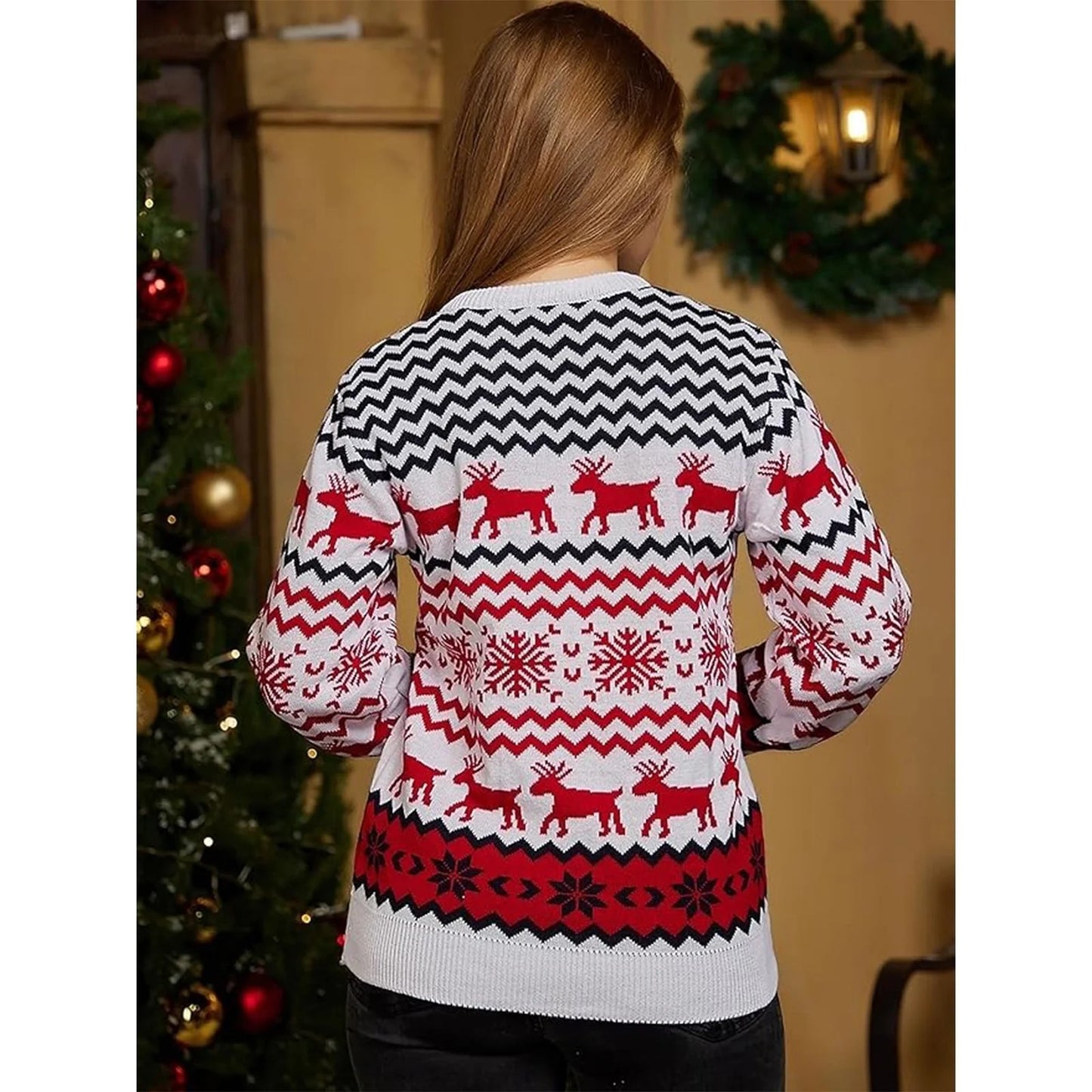SOMER Women Christmas Sweater Family Couples Warm Thick Casual Knitted Pullover Top Xmas Elk Snowflake Reindeer Sweatshirt for Holiday Party New Year