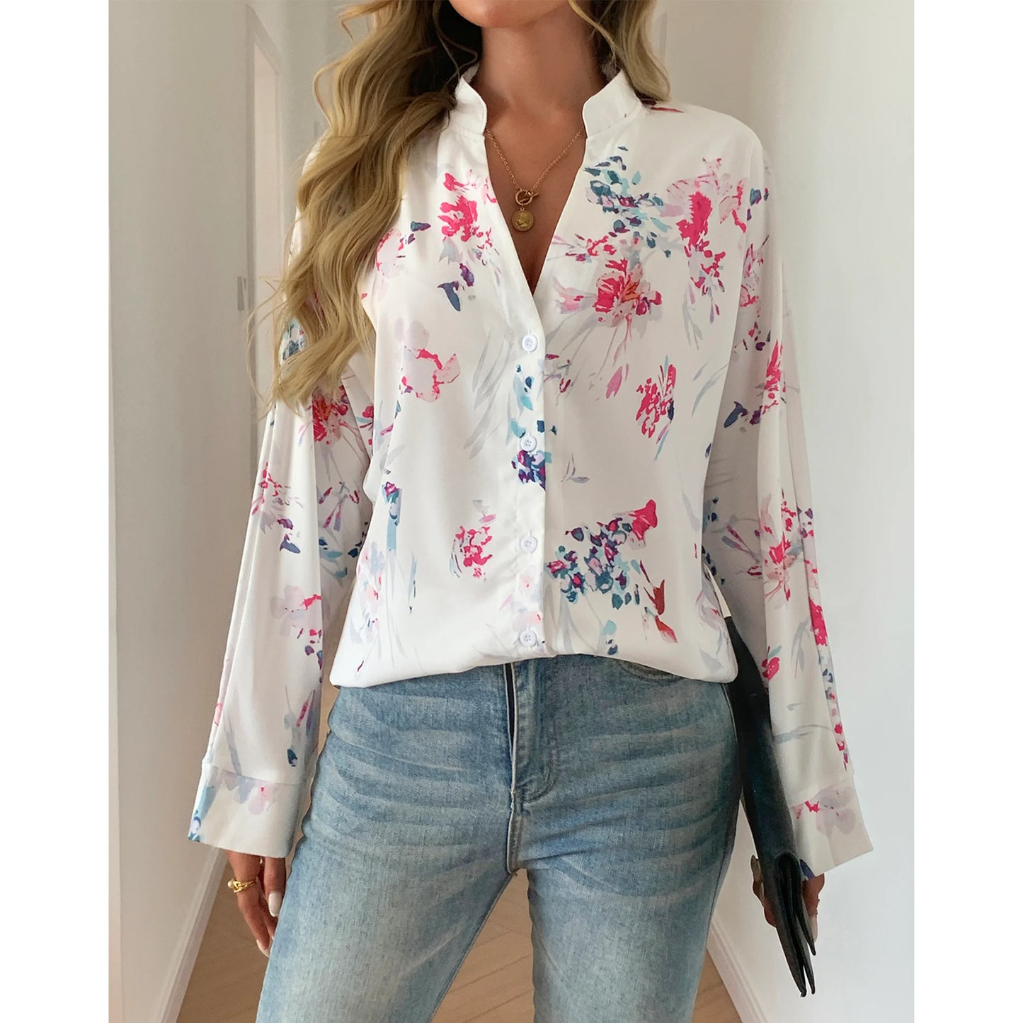 SOMER Button Down Shirts for Women Blouses for Women Dressy Casual V Neck Silky Printed Wrinkle-Resistant Long Sleeve Tops Trendy Early Fall Fashion 2025