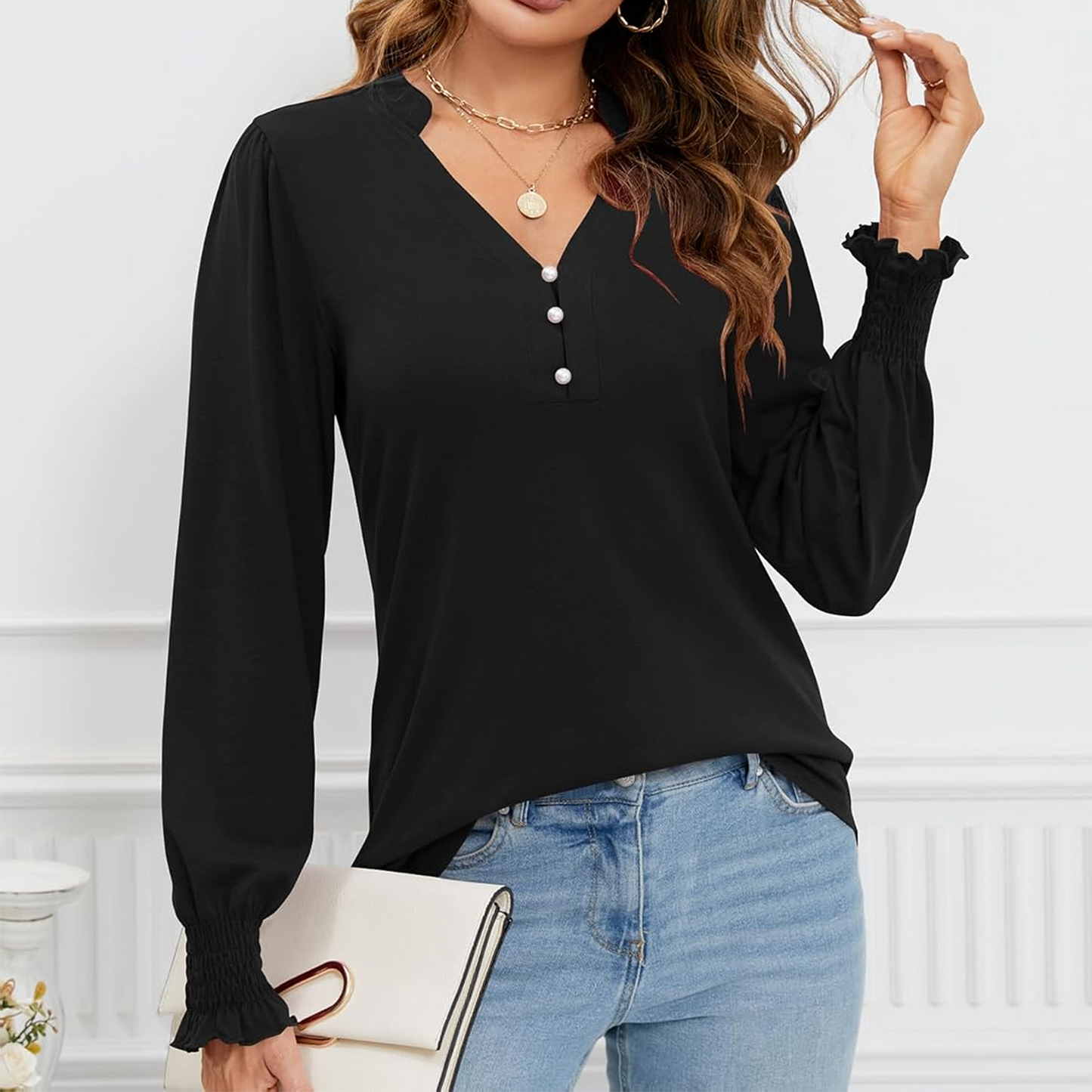SOMER Women's V Neck Long Sleeve Shirt Blouse Dressy Tops Tunic Shirts with Ruffle Cuffs Puff Sleeve Fall Business Casual Fashion Clothes 2025