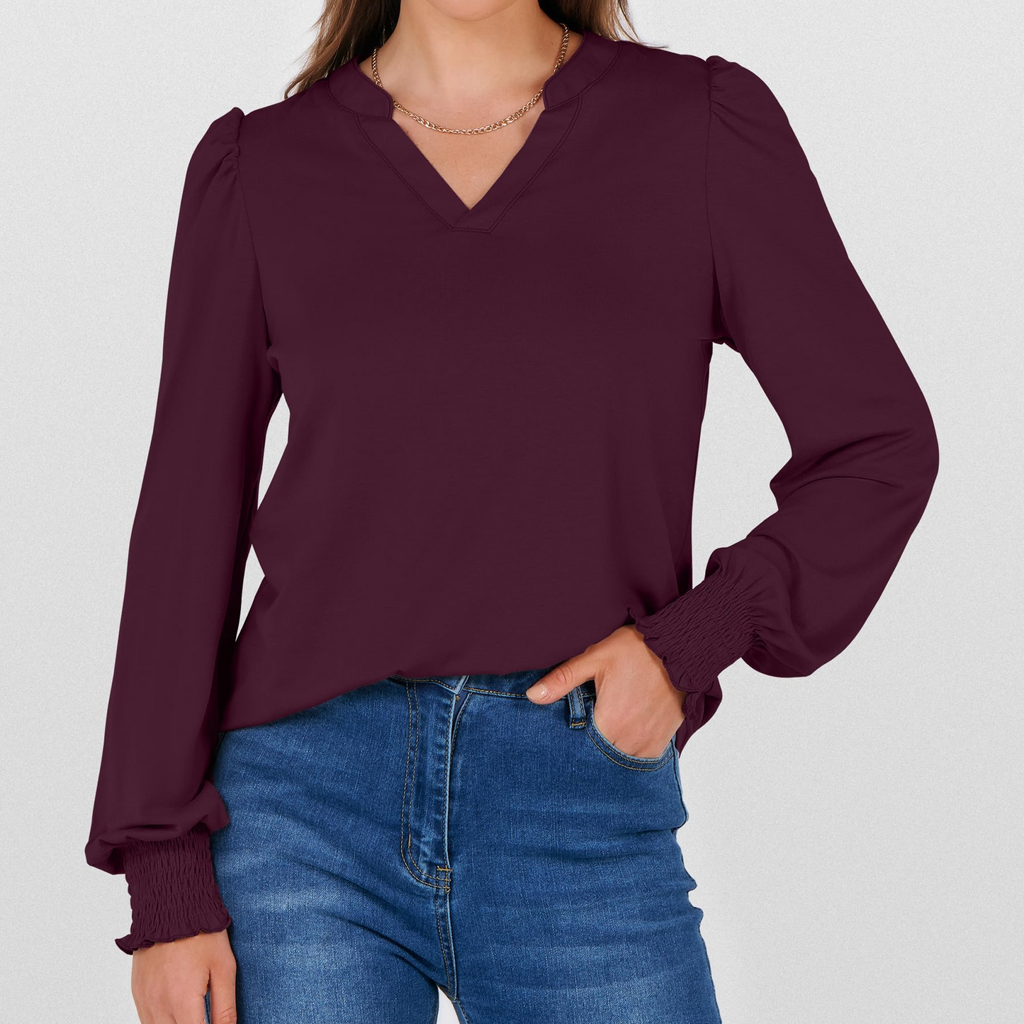 SOMER Womens Tops Fall Long Sleeve Shirts Business Casual V Neck Loose T-Shirts Dressy Work Tops with Smocked Cuffs