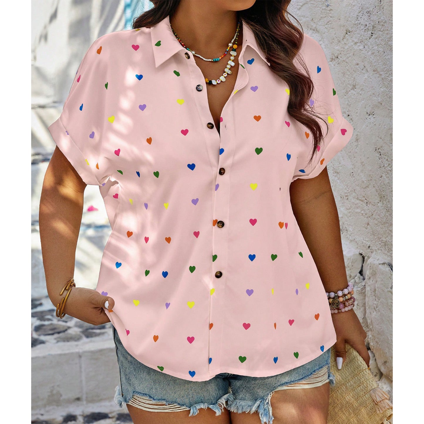 SOMER Plus Size Button Down Shirts for Women Blouses Short Sleeve V Neck Cute Heart Print Shirts Casual Summer Vacation Tops Loose Fit