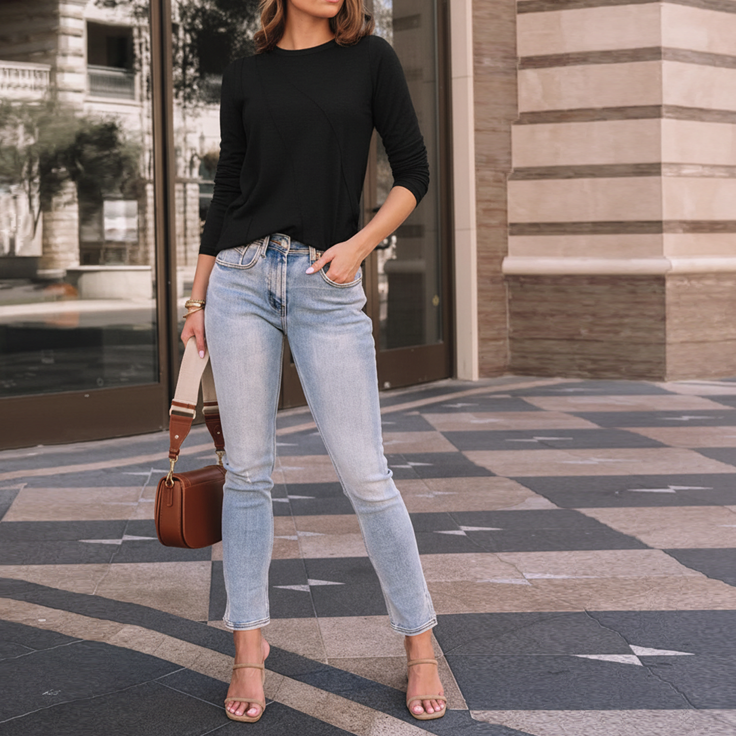 SOMER Womens Long Sleeve Crew Neck Top, Casual Solid Color Shirt with Stylish Diagonal Detail