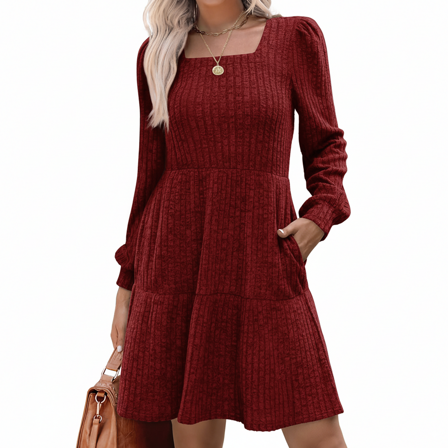 SOMER Womens Dresses Sweater Dress Long Sleeve Dress for Women Square Neck Knit Babydoll Dress with Pockets Winter Fall 2025