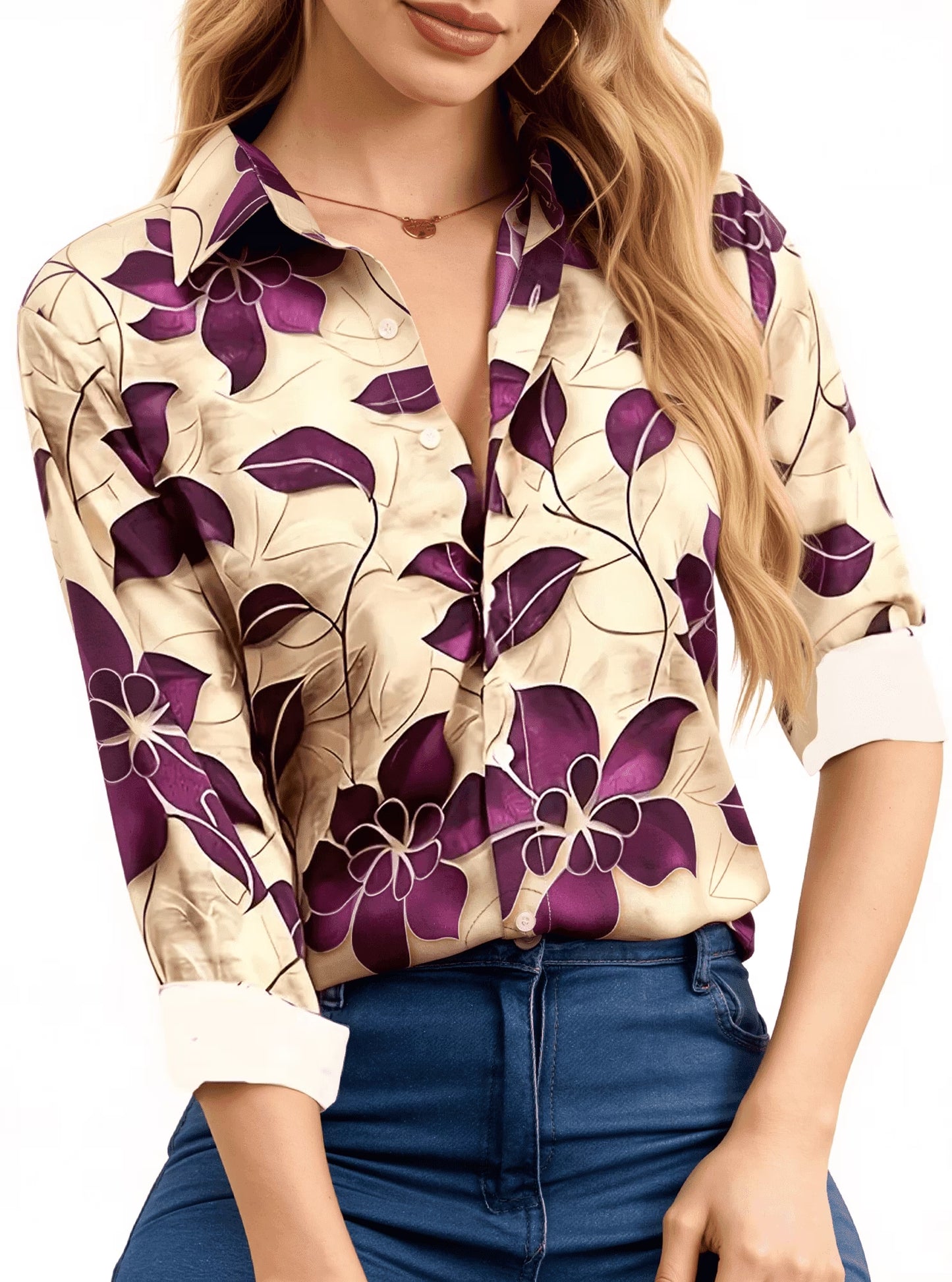 SOMER Button Down Shirts for Womens Dressy Casual Silky Printed Wrinkle-Resistant Long Sleeve Shirts Blouses Tops