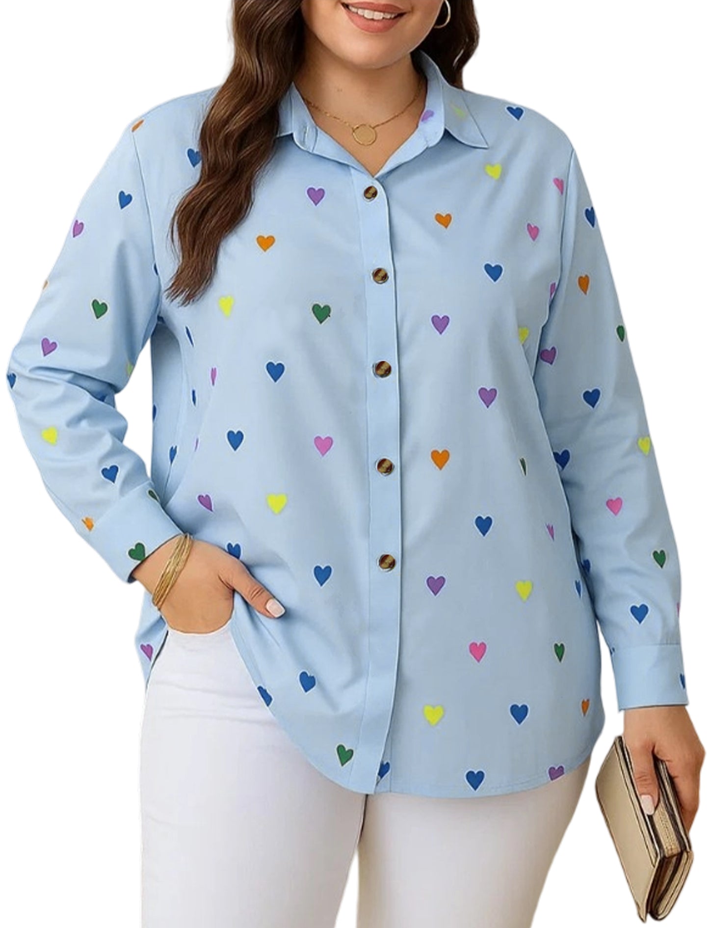 SOMER Woman Blouses Plus Size Heart Print Long Sleeve Tops Button Down Shirts Collared Neck Blue
