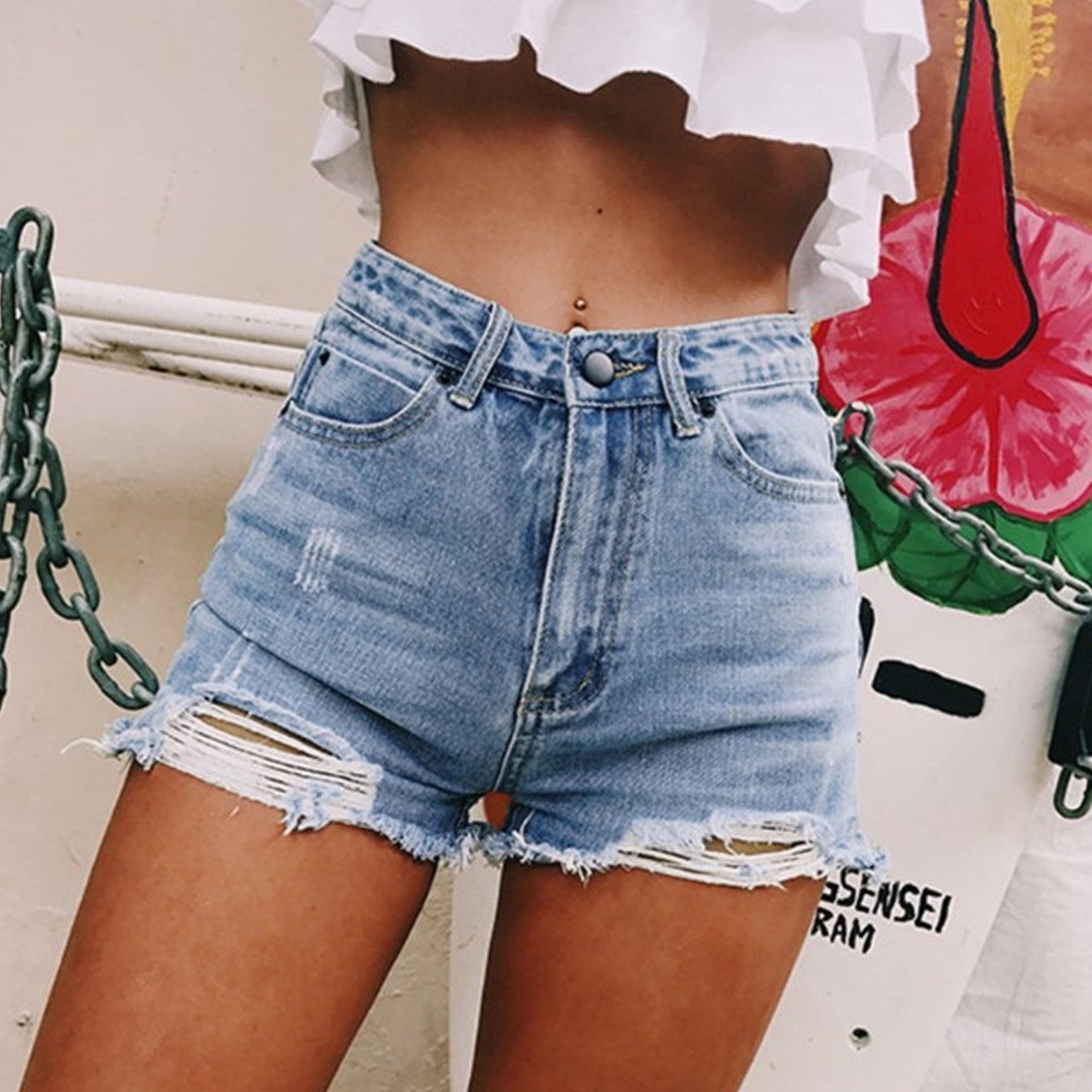SOMER Womens Jean Shorts Denim Shorts with Pockets Mid Rise Ripped Frayed Hem Casual Trendy Blue Summer