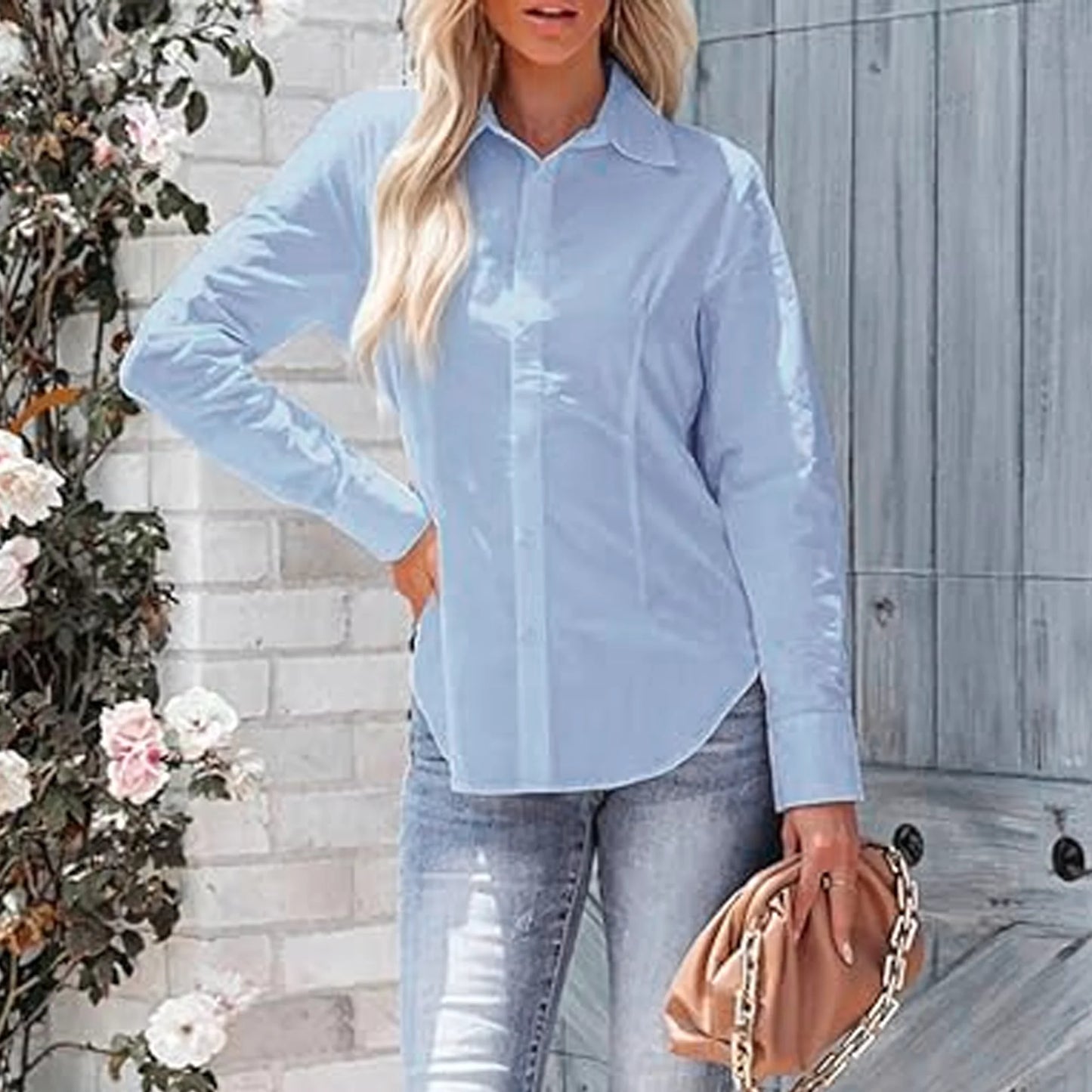 SOMER Women's Blue Button Down Shirts for Women Long Sleeve Dress Shirts Wrinkle Free Collared Work Office Solid Blouses Tops
