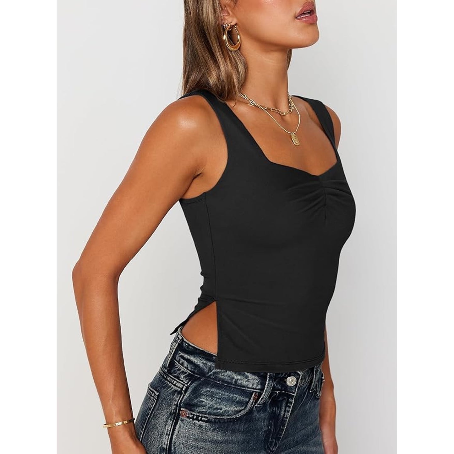SOMER 2025 Tank Tops for Women Black Sweetheart Neck Sleeveless Summer Tops Casual Slit Hem Shirts