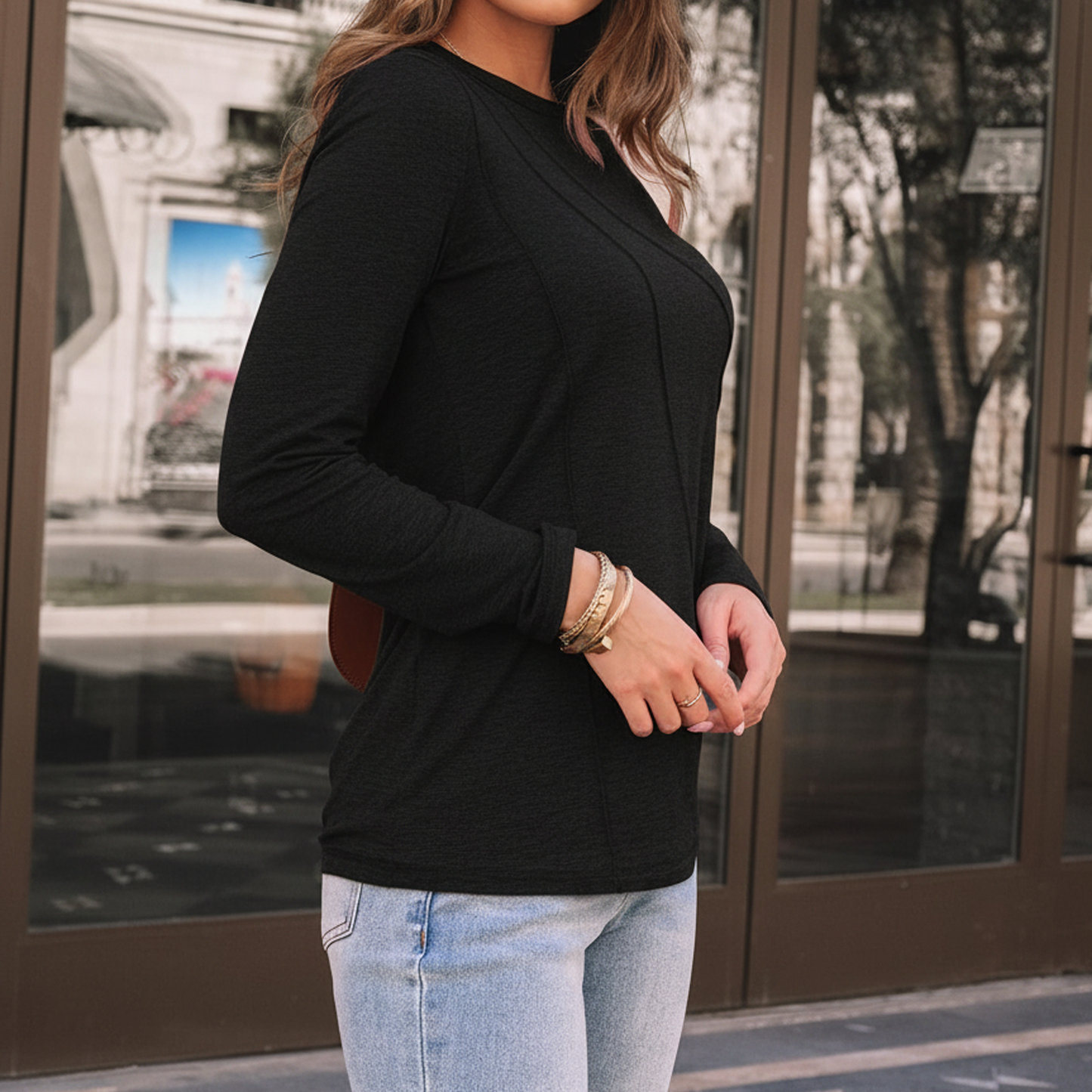 SOMER Womens Long Sleeve Crew Neck Top, Casual Solid Color Shirt with Stylish Diagonal Detail