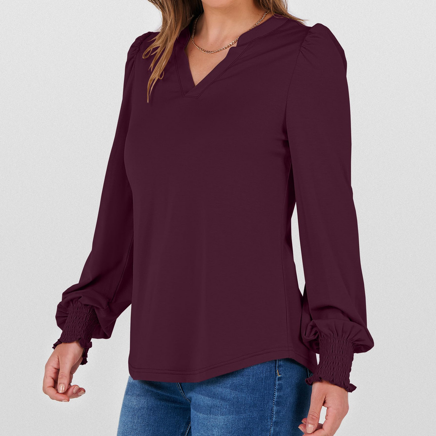 SOMER Womens Tops Fall Long Sleeve Shirts Business Casual V Neck Loose T-Shirts Dressy Work Tops with Smocked Cuffs