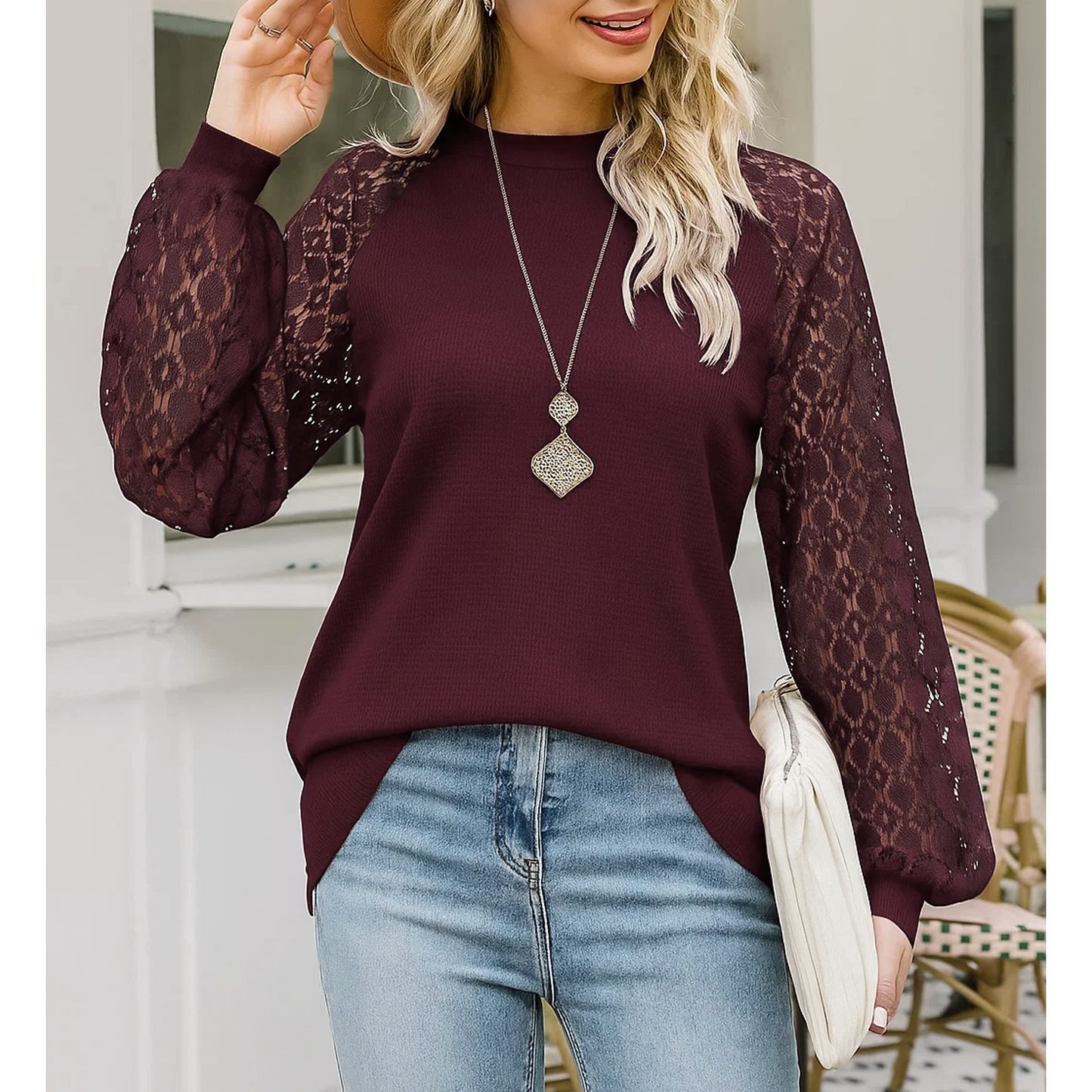 SOMER Womans Tops Fall Long Sleeve Shirts Pleated Lace Tops Casual Loose Blouses T Shirts