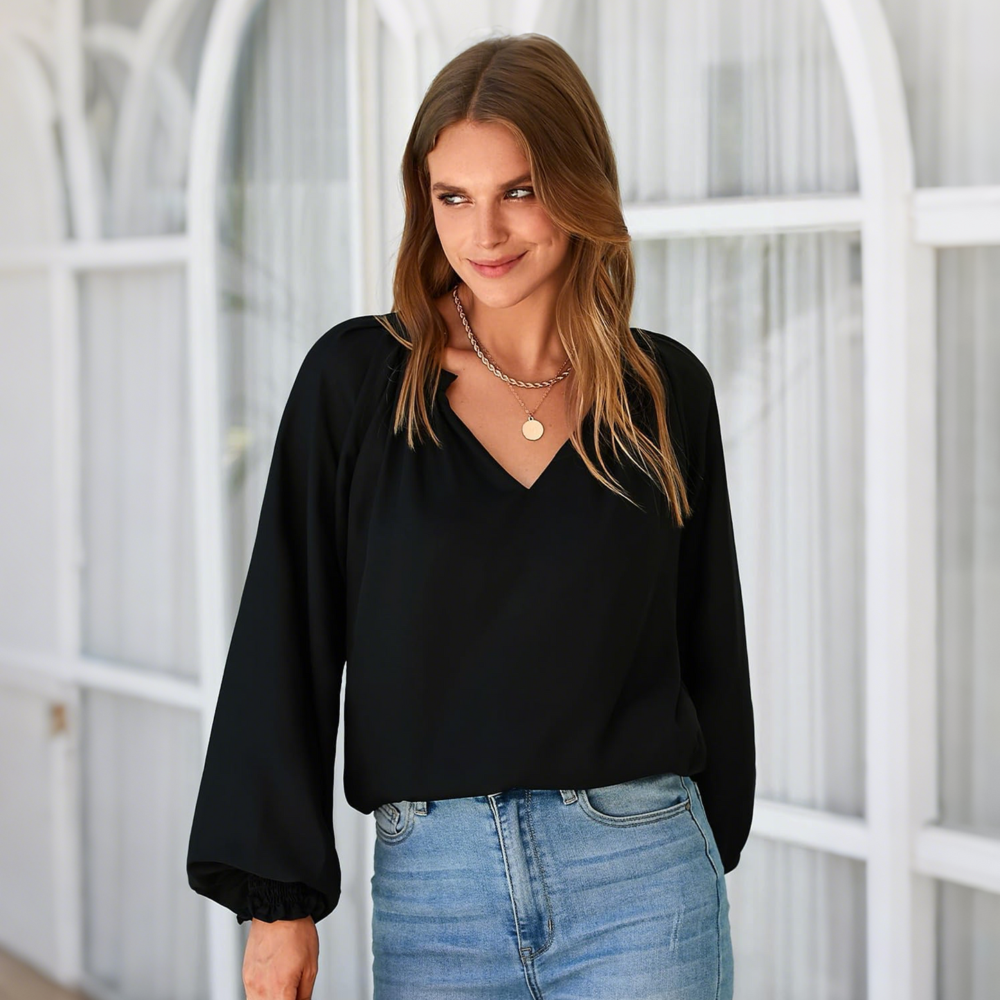 SOMER Blouses for Women Dressy Casual, Trendy V Neck Long Sleeve Shirts for Women, Elegant Casual Womens Fall Tops Pleated Cuffs 2025