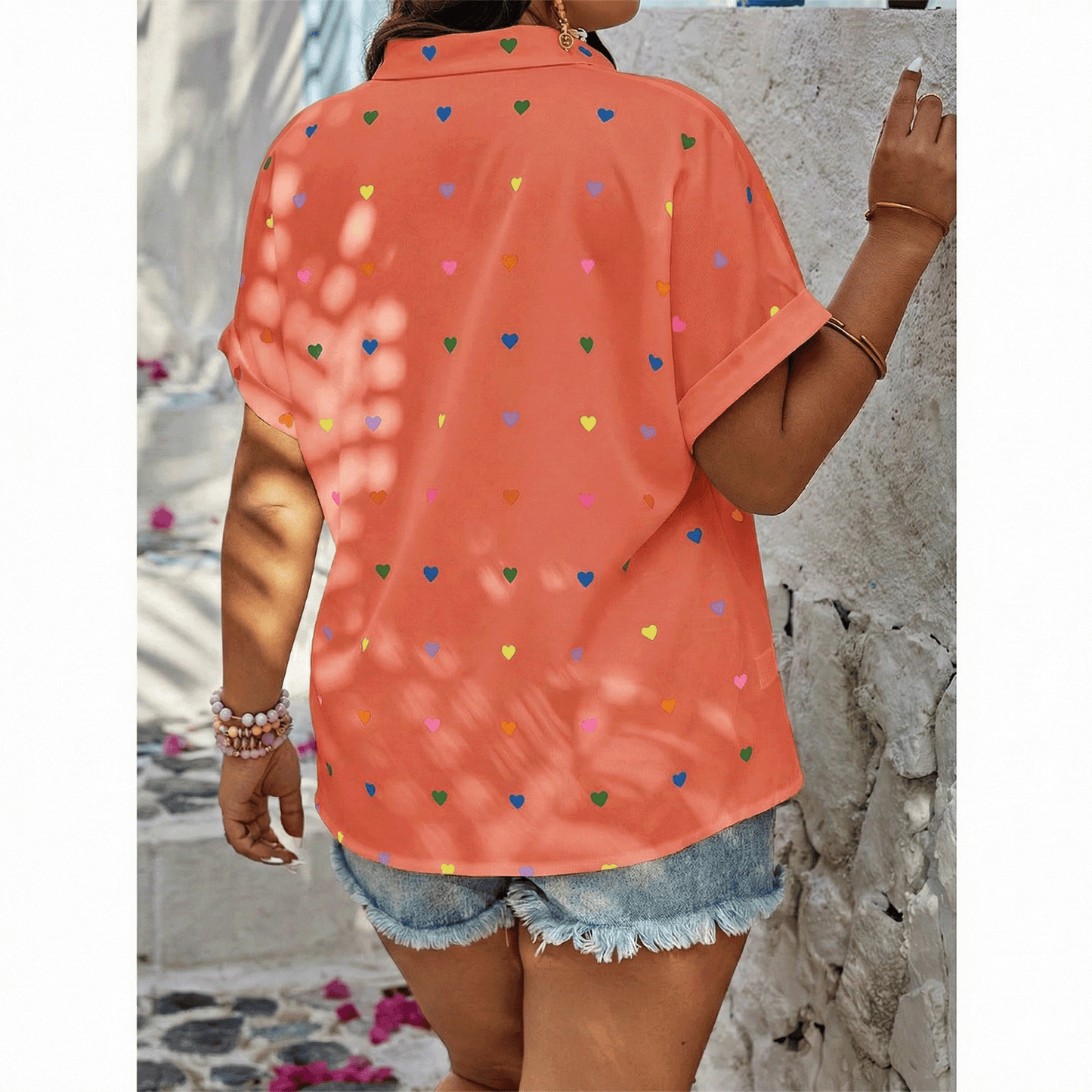 SOMER Plus Size Button Down Shirts for Women Blouses Short Sleeve V Neck Cute Heart Print Shirts Casual Summer Vacation Tops Loose Fit