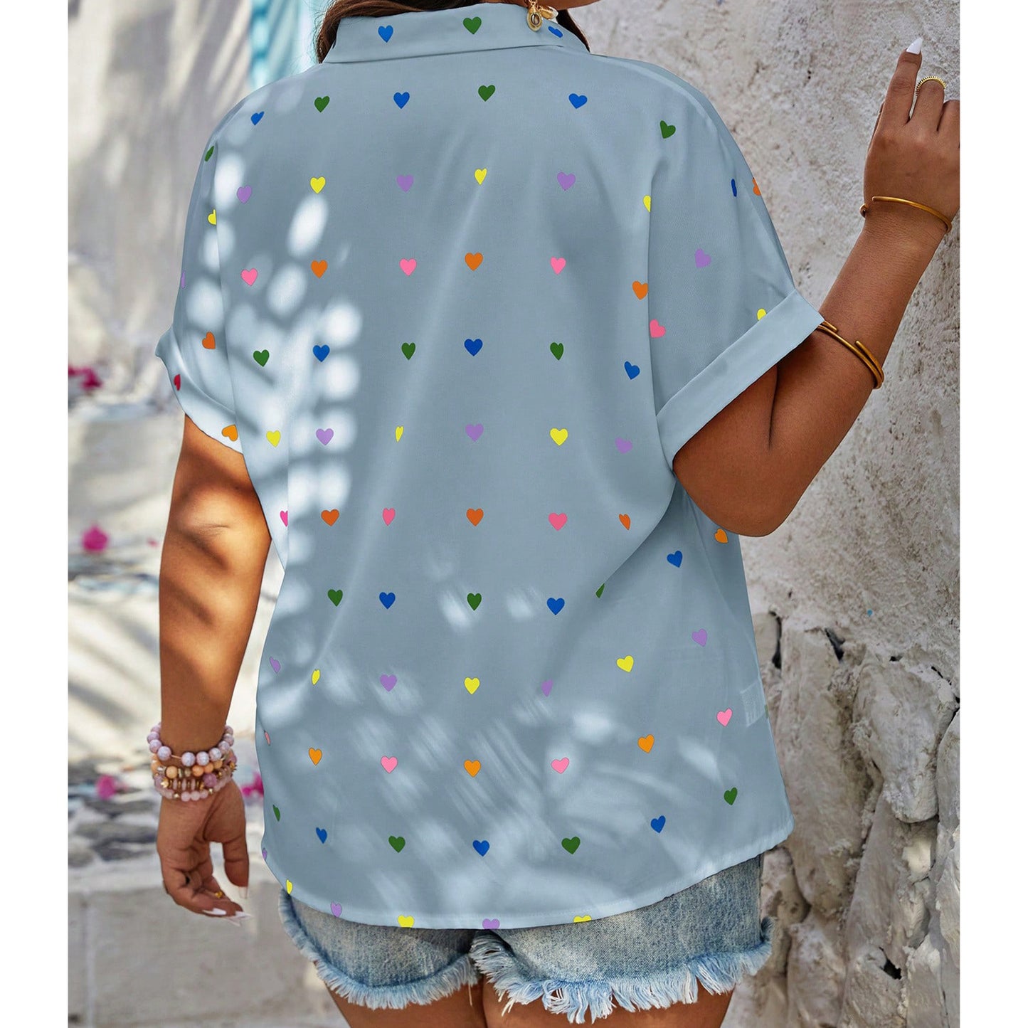 SOMER Plus Size Button Down Shirts for Women Blouses Short Sleeve V Neck Cute Heart Print Shirts Casual Summer Vacation Tops Loose Fit