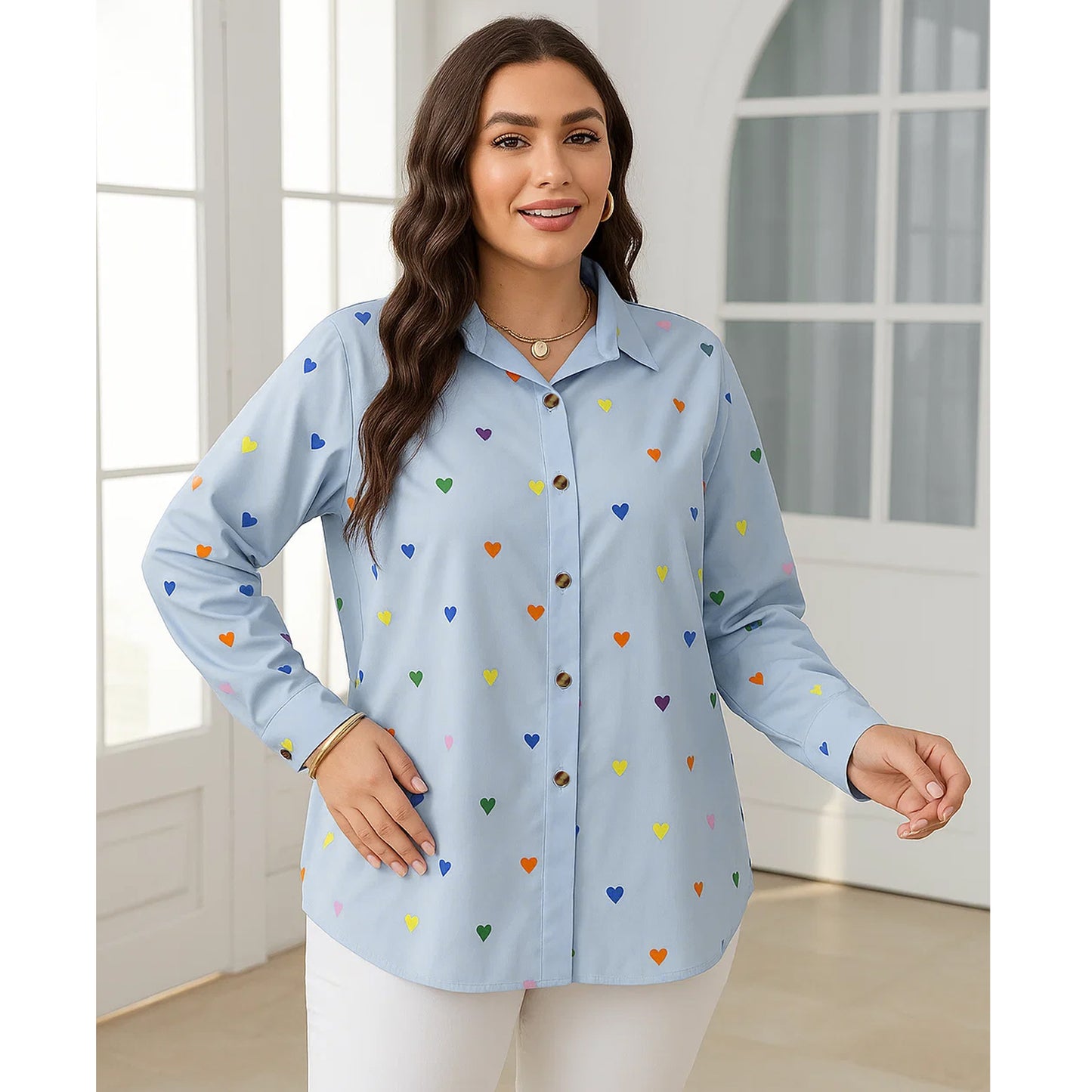 SOMER Plus Size Button Down Shirts for Women Blouses Short Sleeve V Neck Cute Heart Print Shirts Casual Summer Vacation Tops Loose Fit