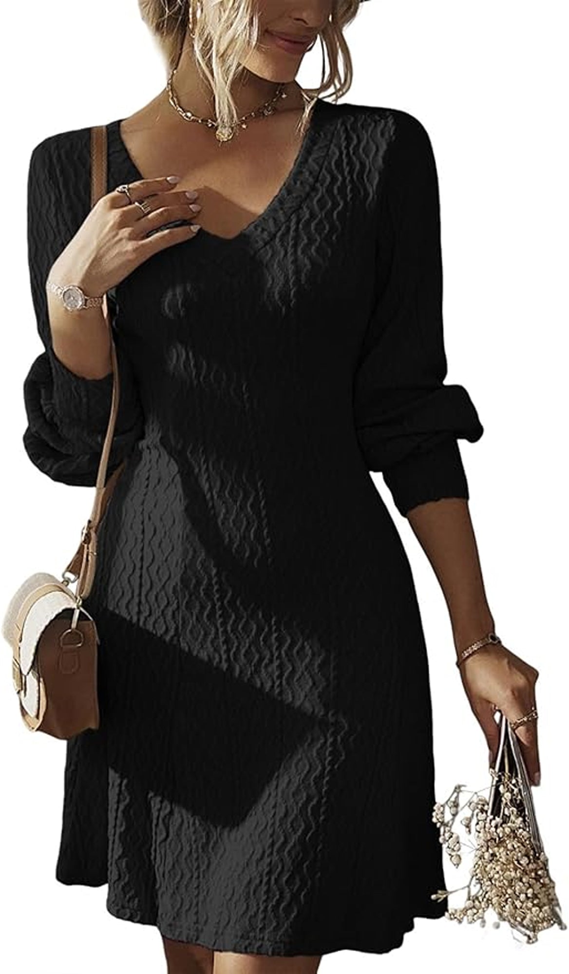 SOMER Womens Dress V-Neck Casual Dresses for Women Ripple Sweater Dress, Dresses for Women 2025 Elegant Classy Fall and Winter Long Sleeve Dress