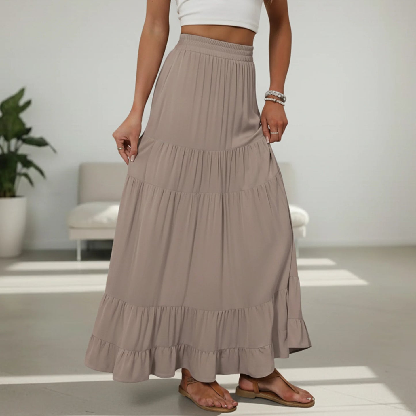 SOMER Skirts for Women Elastic High Waist Maxi Skirt A-line Flowy Pleated Dressy Casual Beach Vacation Long Skirts with Pockets Brown