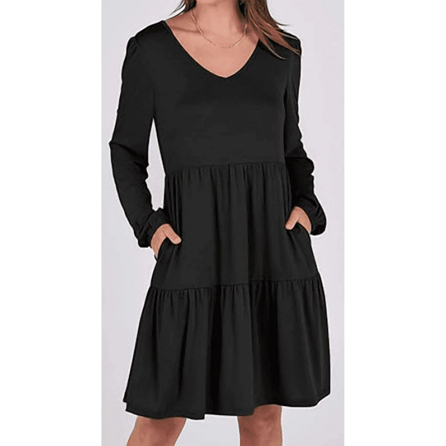 SOMER Dresses for Women V Neck Mini Long Sleeve Fashion Casual Loose Flowing Cute Short Dress with Pocket Black Fall 2025
