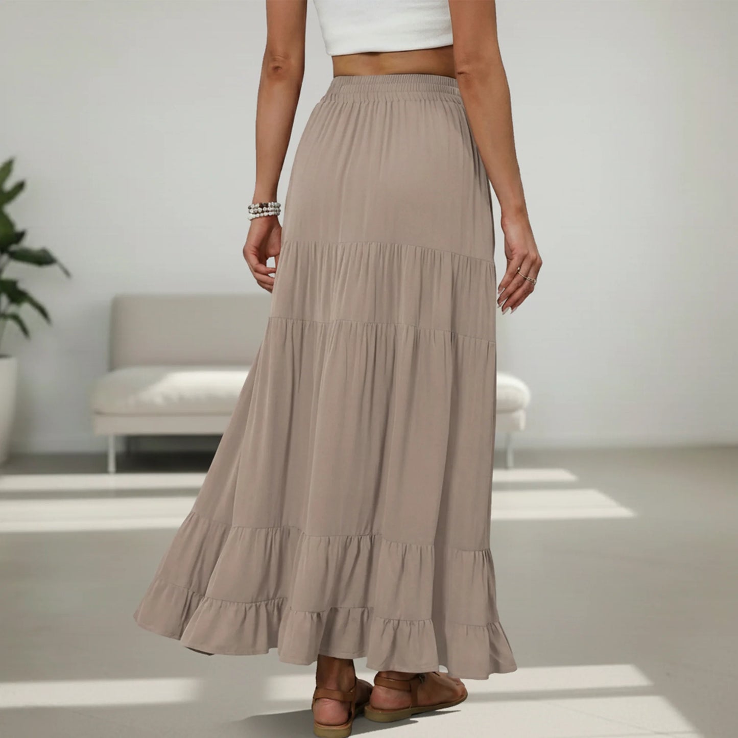 SOMER Skirts for Women Elastic High Waist Maxi Skirt A-line Flowy Pleated Dressy Casual Beach Vacation Long Skirts with Pockets Brown