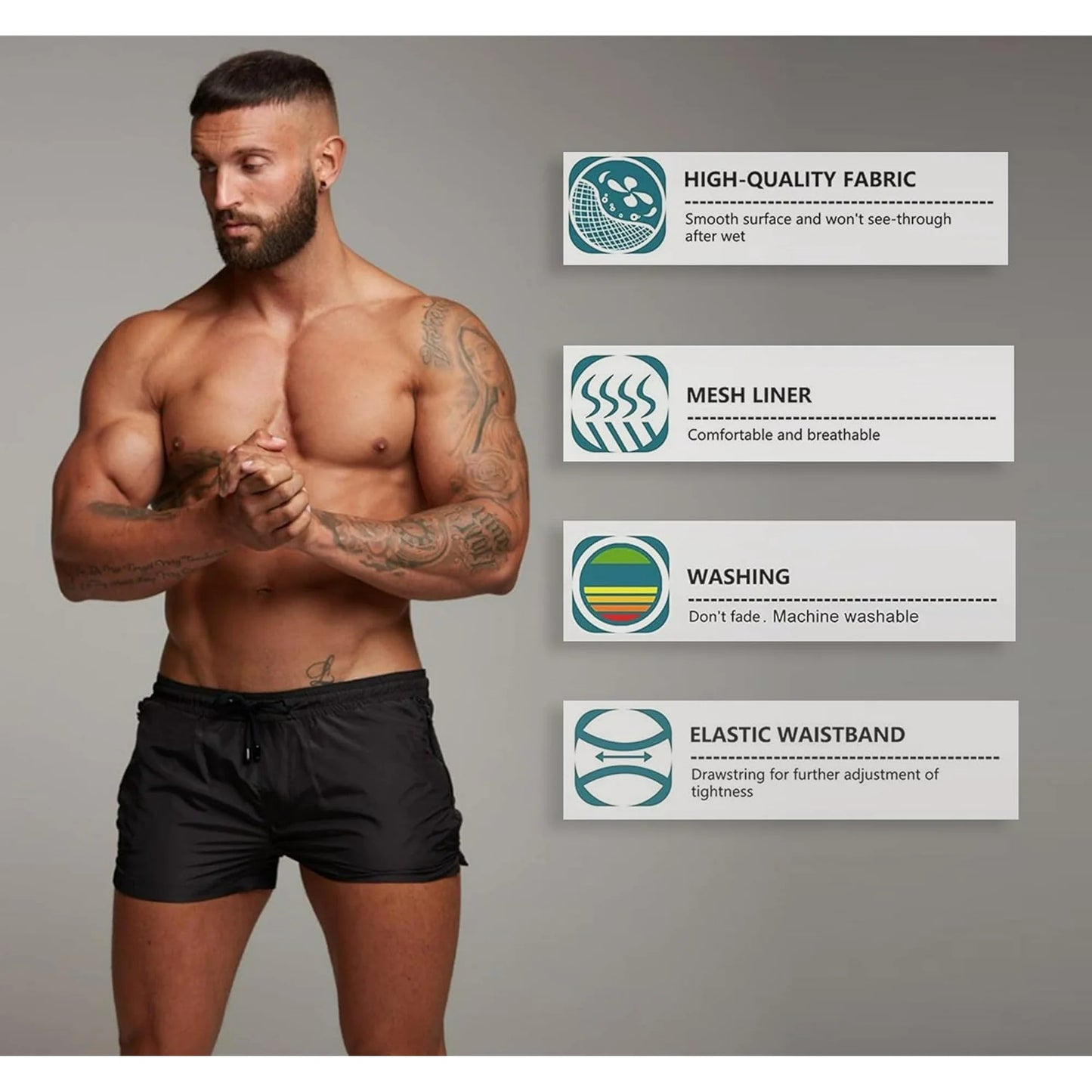 Mens Swim Trunks Quick Dry Swimwear Zipper Pockets, Swim Shorts with Mesh Lining, Black