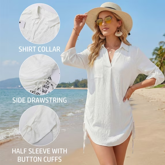 SOMER Womens Bathing Suit Cover Ups Bikini Swimsuit Coverup Drawstring Beach Dress Shirt Sundresses Beachwear Summer White