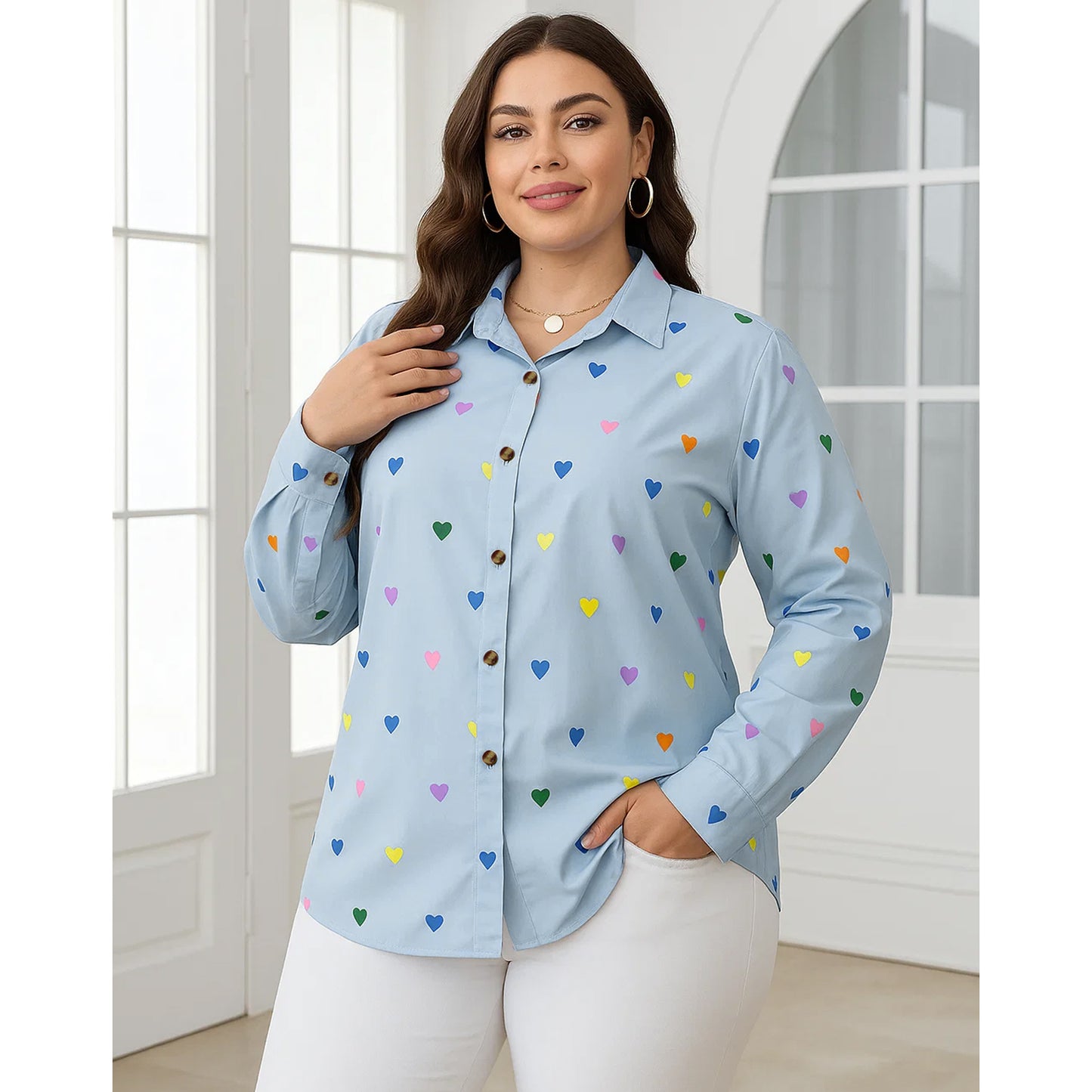 SOMER Plus Size Button Down Shirts for Women Blouses Short Sleeve V Neck Cute Heart Print Shirts Casual Summer Vacation Tops Loose Fit