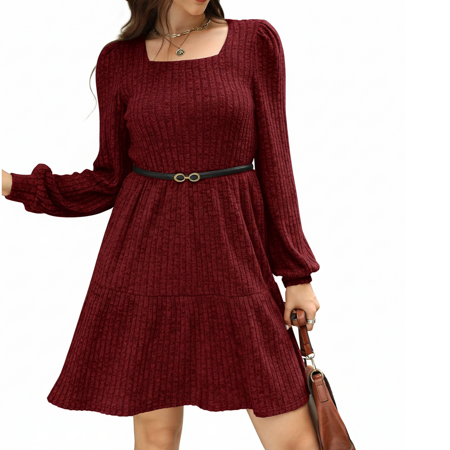 SOMER Womens Dresses Sweater Dress Long Sleeve Dress for Women Square Neck Knit Babydoll Dress with Pockets Winter Fall 2025