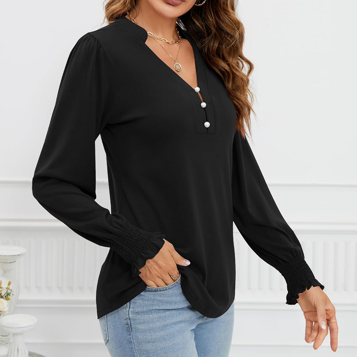 SOMER Women's V Neck Long Sleeve Shirt Blouse Dressy Tops Tunic Shirts with Ruffle Cuffs Puff Sleeve Fall Business Casual Fashion Clothes 2025