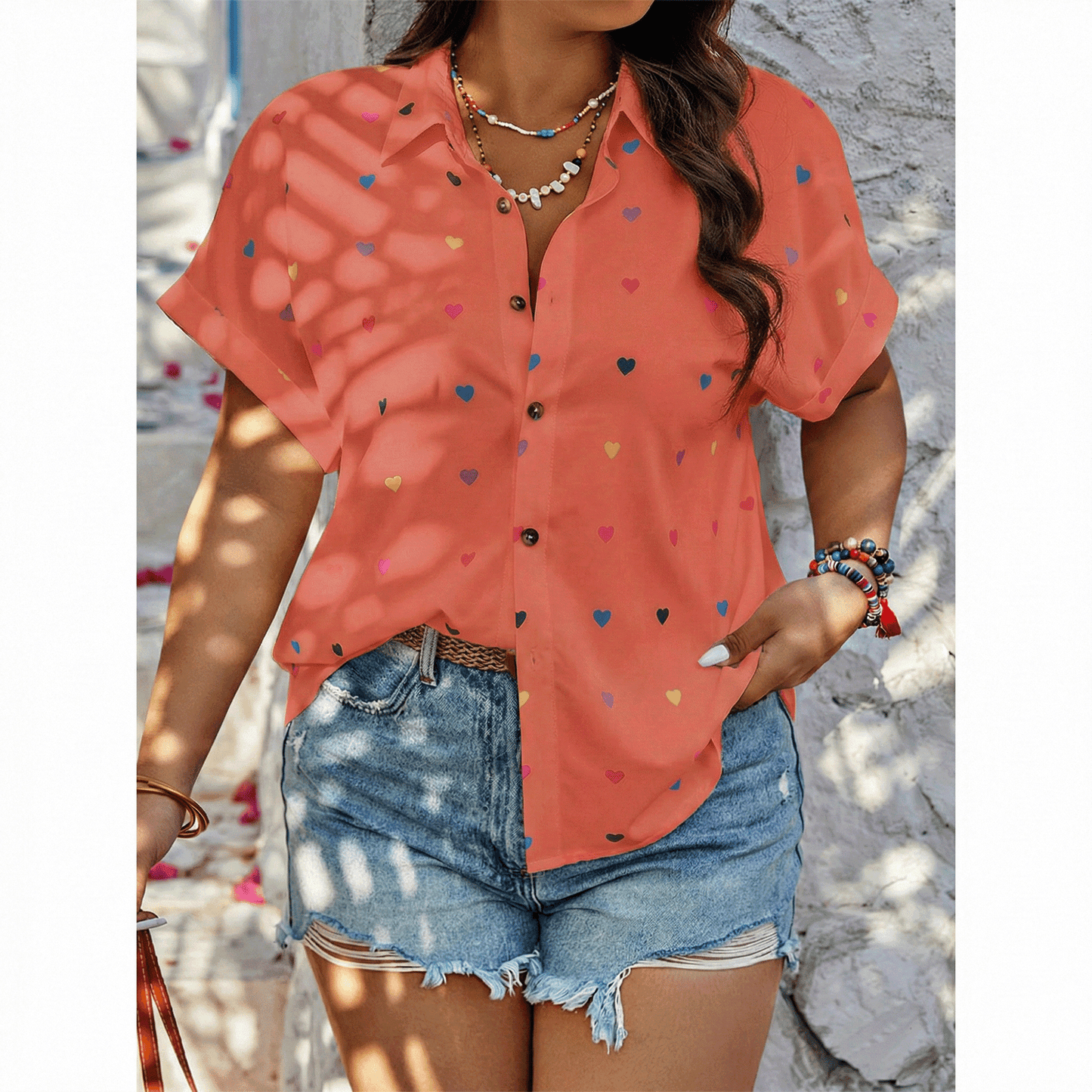 SOMER Plus Size Button Down Shirts for Women Blouses Short Sleeve V Neck Cute Heart Print Shirts Casual Summer Vacation Tops Loose Fit