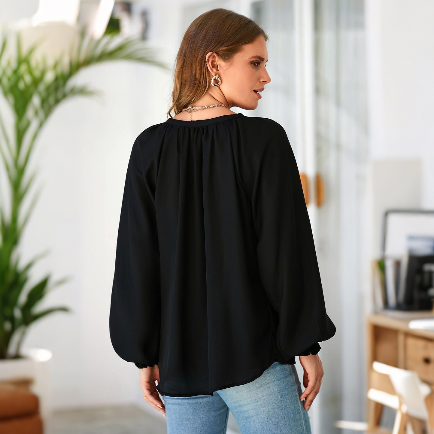 SOMER Blouses for Women Dressy Casual, Trendy V Neck Long Sleeve Shirts for Women, Elegant Casual Womens Fall Tops Pleated Cuffs 2025