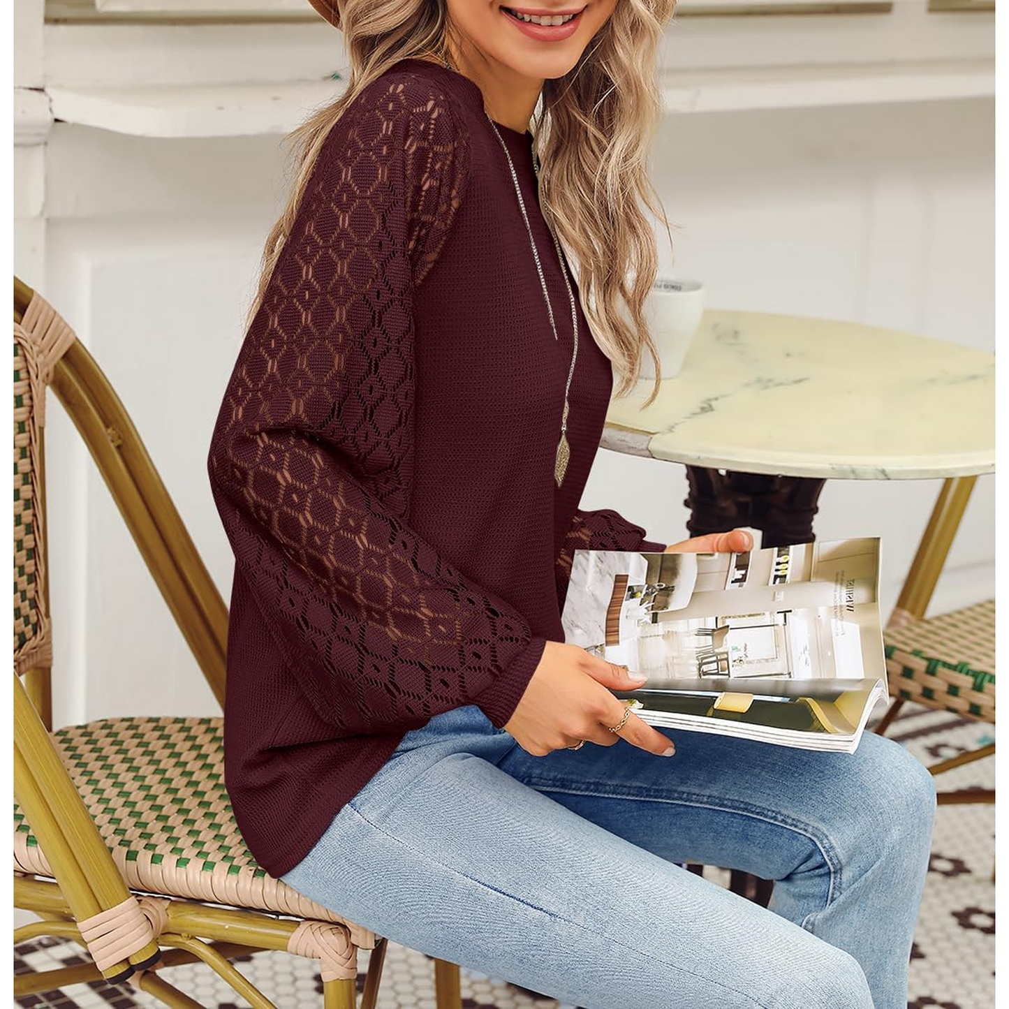 SOMER Womans Tops Fall Long Sleeve Shirts Pleated Lace Tops Casual Loose Blouses T Shirts