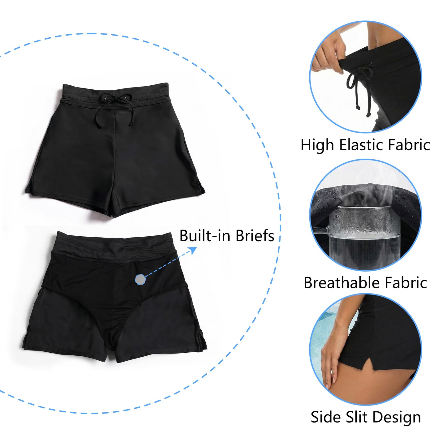 SOMER Women’s Swim Board Shorts High Waisted Bathing Suit Bottoms Drawstring Shorts with Liner with Pockets Black