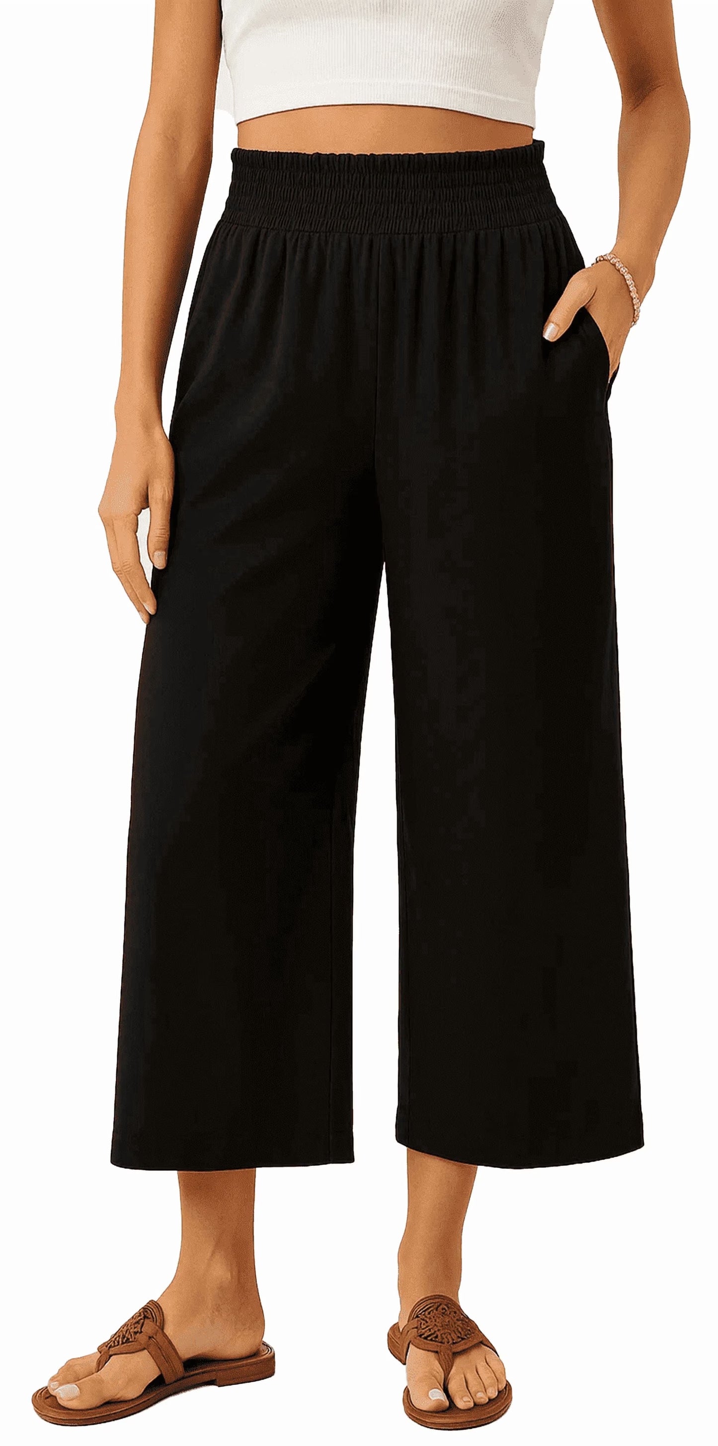 SOMER Linen Pants Women Wide Leg Cropped Capri Pants for Women with Drawstring High Waist Loose Fit Summer Beach Trousers with Pockets, Apricot