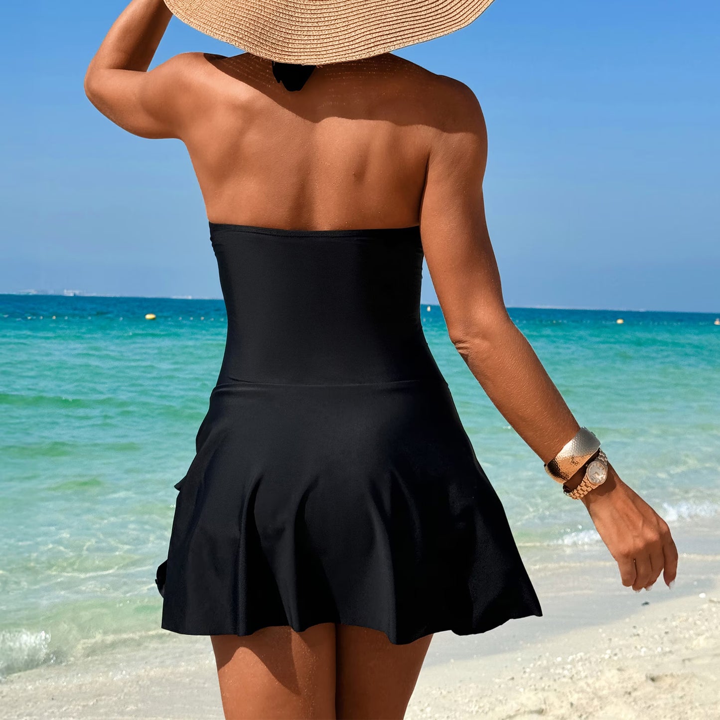 SOMER Women's One Piece Swimsuit Tummy Control Bathing Suits Push Up Swimdress Cutout V Neck Skirt Swimwear