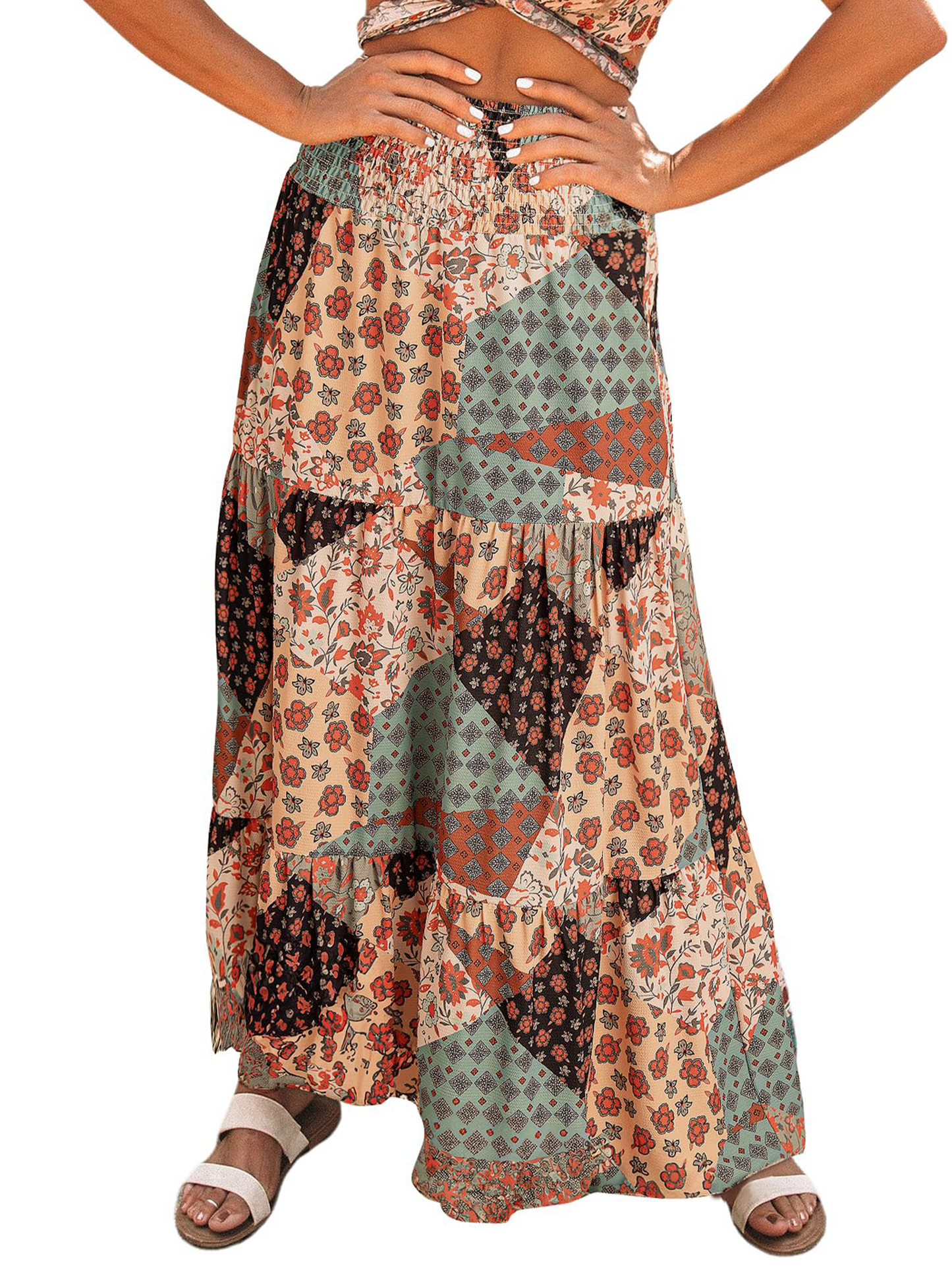 SOMER Womens Summer Skirt Floral Print Boho Maxi Skirt Elastic High Waist Pleated Ruffle Flowy Long Skirts S
