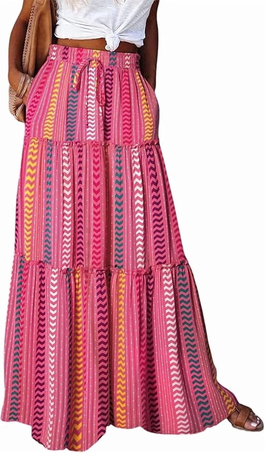 SOMER Womens Summer Skirt Floral Print Boho Maxi Skirt Elastic High Waist Pleated Ruffle Flowy Long Skirts S